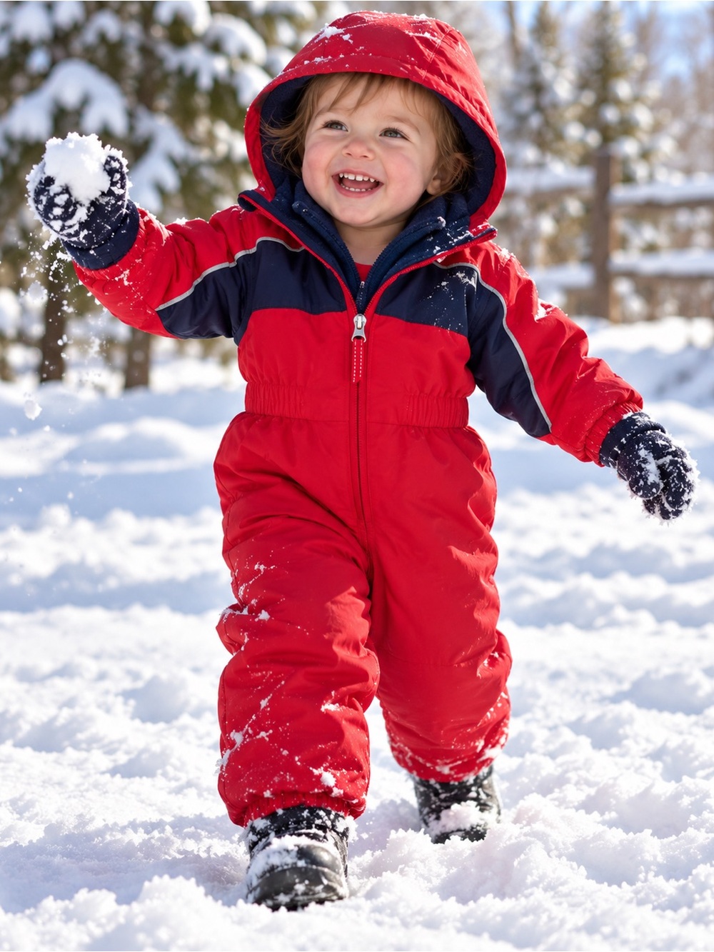 Lands’ End Baby Snow Suit 12-18M Insulated One Piece Red Navy Hooded